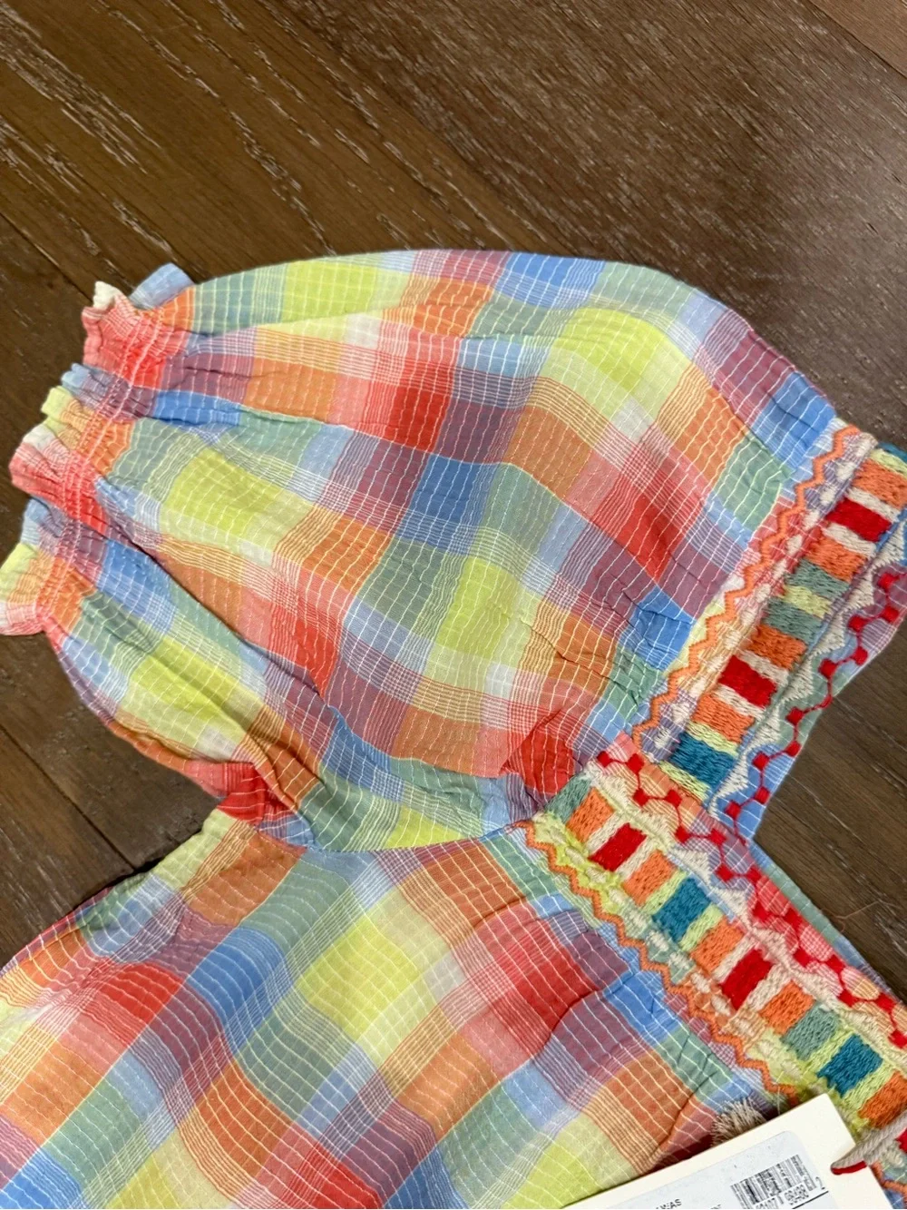 Johnny Was Plaid Puff-Sleeve Embroidered Top - Yellow, Pink & Blue